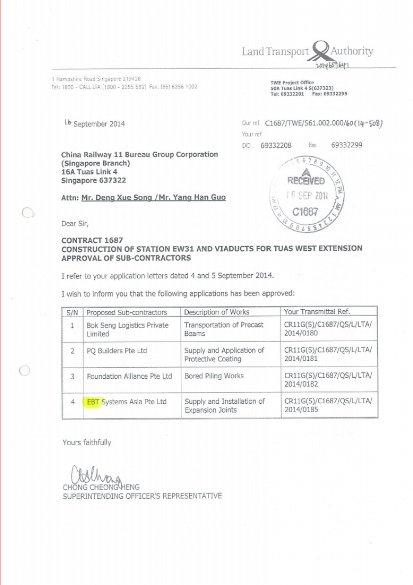 EBT LTA Singapore Authority  Approval Letter